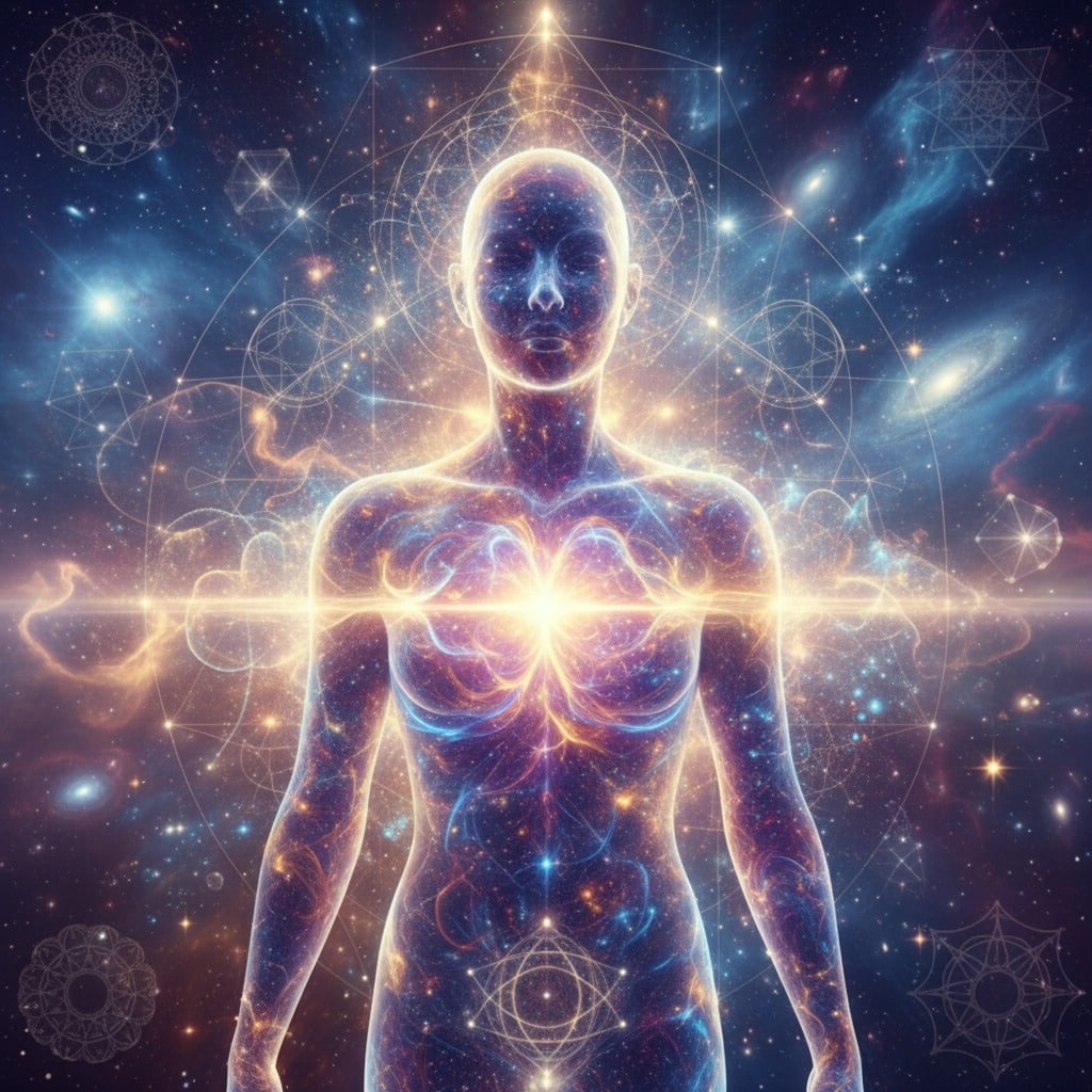 Eine menschliche Silhouette aus Sternenlicht und kosmischen Energien steht vor einem Hintergrund aus Galaxien und geometrischen Mustern.