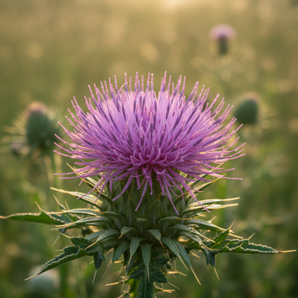 Eine violette Distelblüte vor einem verschwommenen grünen Hintergrund.