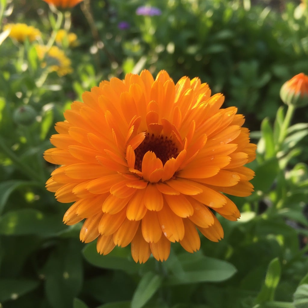 Eine leuchtend orangefarbene Ringelblume blüht vor einem unscharfen grünen Hintergrund.