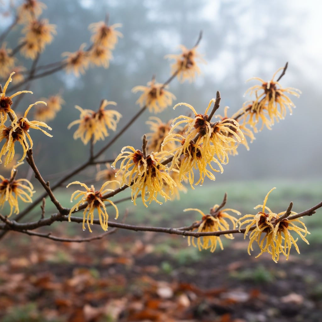Zweig der Zaubernuss mit leuchtend gelben, fadenförmigen Blüten im Nebel.