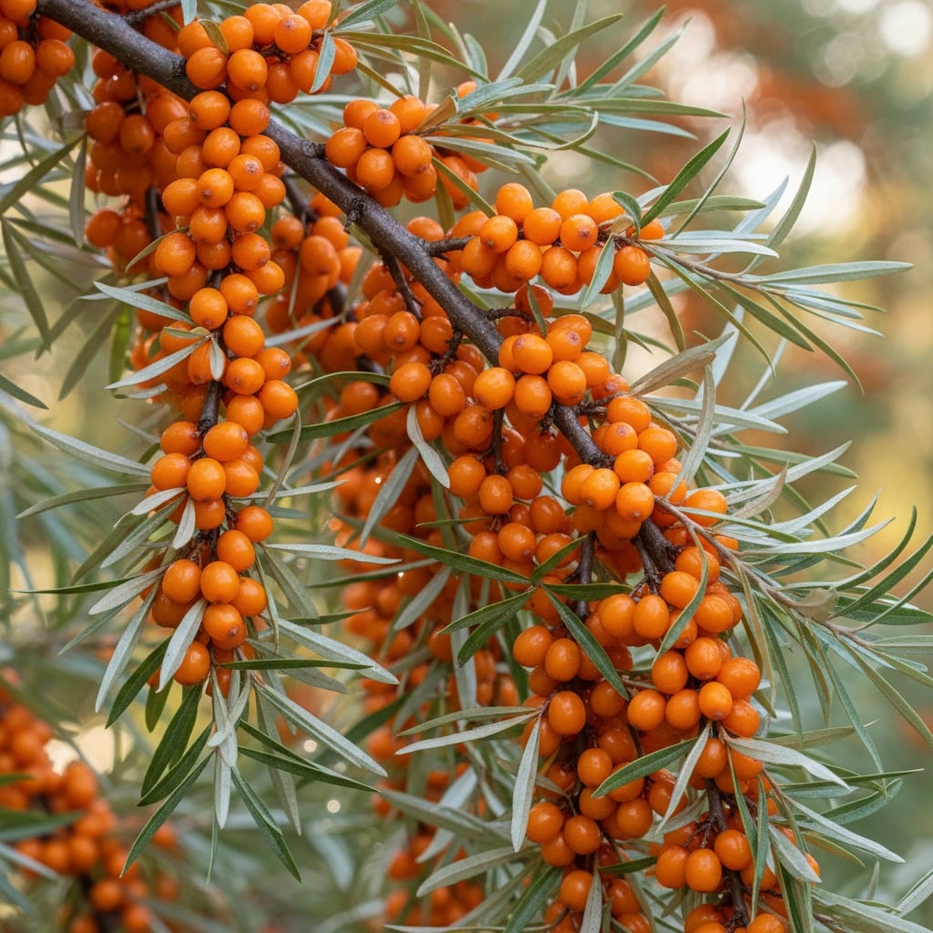 Ein mit zahlreichen leuchtend orangefarbenen Sanddornbeeren und schmalen, silbrig-grünen Blättern besetzter Zweig vor einem unscharfen Hintergrund.